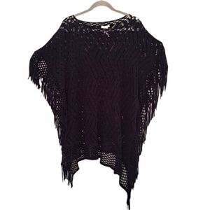Maurices Black Open Knit Fringe Poncho One Size